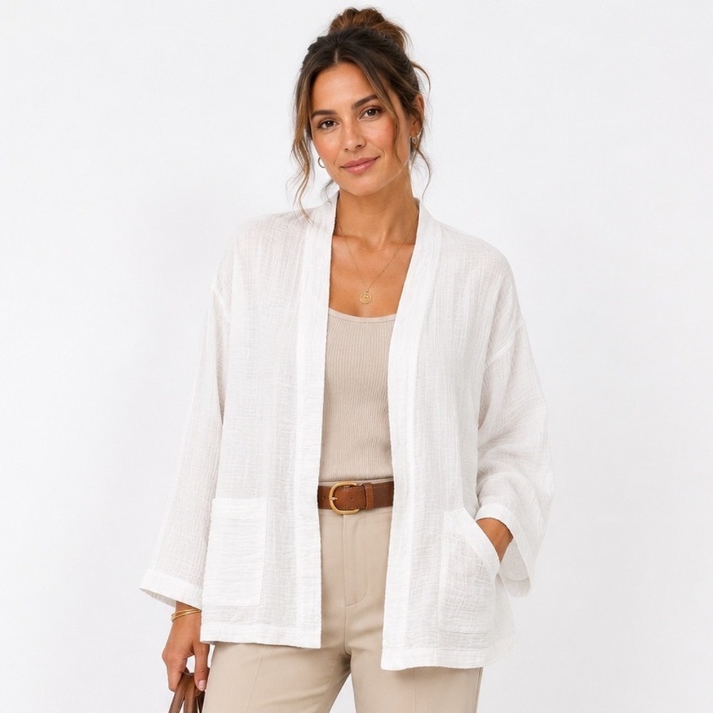 Eileen Fisher Cardigan PM White Organic Cotton Gauze Open Front Pocket Jacket